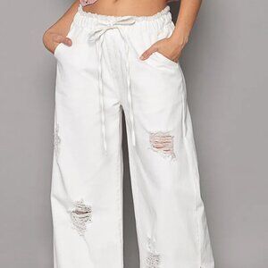 POL Distressed Drawstring Slit Wide leg Pants